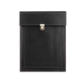 Detail of matte black leather laptop case with gold metal clasp and contrast stitching - Black
