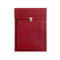 Close-up of red vintage leather laptop sleeve with metal buckle and manual stitching - Red