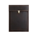 Detailed view of dark brown leather laptop sleeve with vintage metal clasp and stitching - Coffee