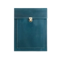 Detail view of leather laptop sleeve with peacock blue finish and gold buckle closure - Blue