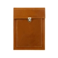 Detail of retro brown leather laptop sleeve with silver metal buckle and yellow stitching - Brown