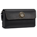 Black crazy horse leather double phone waist bag with vintage metal Indian head emblem - Black(6111)