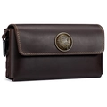 Dark brown crazy horse leather belt pouch with retro metal indian emblem and yellow stitching - Coffee(6111)