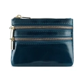 Portamonete sottile in pelle blu navy cerata con tre cerniere dorate e finitura lucida - Blu