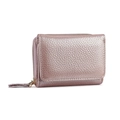 Three-fold leather accordion card wallet in metallic rose gold with lychee texture - Rose Gold