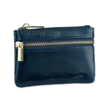 Dark blue oil wax leather coin purse with double gold zippers and card holder - Blue