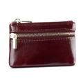 Wine red genuine leather coin purse and card holder with dual golden zippers for women - Coffee