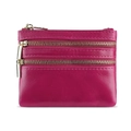Rose red oil wax leather coin purse with three gold zippers and layered card storage - Rose Red