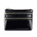 Sleek black oil wax leather coin purse with three golden zippers and glossy finish - Black