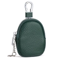 Mini dark green genuine leather coin purse with lychee texture and silver keychain clip - Dark Green