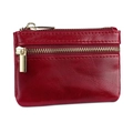Red oil wax leather coin purse with double gold zippers and premium stitching - Red