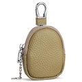 Olive green litchi grain genuine leather mini oval coin pouch with silver metal carabiner - Matcha Green