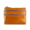 Brown oil-wax leather coin purse with three zipper compartments and gold hardware - Brown