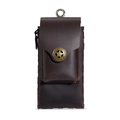 Dark brown crazy horse leather vertical phone pouch with vintage bronze star ornament - Coffee
