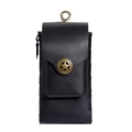 Vintage black crazy horse leather belt pouch for men with retro star buckle and metal hook - Black