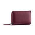 Deep red pebbled leather RFID wallet with compact three-fold design and zipper - Burgundy