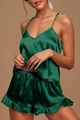 Women's silk-like satin sleepwear set featuring V-neck camisole and ruffled shorts in dark green - S / Dark Green