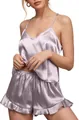 Damen Schlafanzug-Set aus Seidensatin mit V-Ausschnitt Top und Rüschenshorts in Lavendel - S / Silber