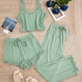 Completo relax verde salvia a costine con pizzo, canotta e pantaloni su pavimento - Verde Salvia (Top, Pantaloncini E Pantaloni)
