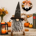 Handmade Halloween gnome plush with cat-patterned black hat and grey beard decor - Black Cat Gnome