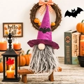 Halloween faceless gnome with purple wizard hat and grey beard on wooden stool - Purple Bat Gnome
