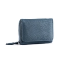 Dark blue litchi grain leather tri-fold wallet with RFID protection and side zipper - Grey Blue