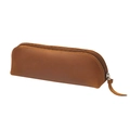Vintage brown crazy horse leather pencil case with zipper and yellow contrast stitching - Brown