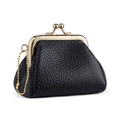 Black lychee leather kiss-lock coin purse with vintage gold metal frame and chain - Black