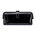 Black oiled leather wash bag with white contrast stitching and snap button closure - Black