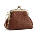Brown lychee grain leather coin purse with golden kiss-lock closure and bead chain - Caramel color