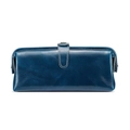 Polished navy blue oil wax leather toiletry bag with white stitching and metal clasp - Blue