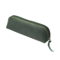 Dark green crazy horse leather pencil case with yellow stitching and metal zipper - Green