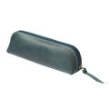 Handmade vintage dark teal crazy horse leather pencil case with zipper and yellow stitching - Blue