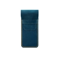 Detail of crazy horse leather pen case with yellow contrast stitching and buckle strap - Blue