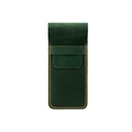 Close-up of dark green crazy horse leather pen case with orange contrast stitching detail - Green