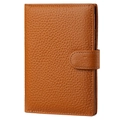 Brown litchi grain leather RFID passport holder with secure button buckle closure - Earthy Yellow