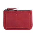 Deep red crazy horse leather coin purse with zipper closure and front card slot - Red