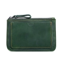 Minimalist dark green crazy horse leather coin purse with zipper and contrast stitching - Green