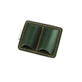 Detail of dark green crazy horse leather pen case with orange stitching and metal clip - Green