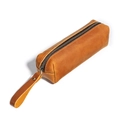 Vintage brown crazy horse leather pencil case with top zipper and white stitching - Brown