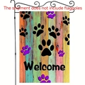 Pet themed garden flag with paws and Welcome text on wooden texture background - Pet Paw Welcome Style
