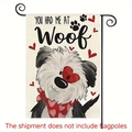 Linen garden flag featuring a cute puppy and the text You Had Me At Woof for yard decor - Black and White Heart Puppy Style