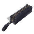 Vintage black leather pencil case with metal zipper and handcrafted stitching details - Black