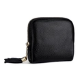Black leather jewelry pouch with litchi texture and gold zipper featuring long tassel - Black