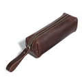 Dark brown crazy horse leather pencil pouch with vintage metal zipper and stitched edges - Coffee