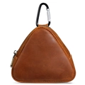 Brown crazy horse leather triangle coin purse with metal carabiner hook for belt - Brown