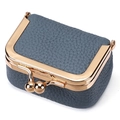 Grey litchi grain leather mini purse with golden kiss-lock frame and elegant finish - Blue Denim