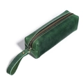 Vintage forest green crazy horse leather pen case with metal zipper and pull tab - Green