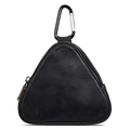Triangle crazy horse leather coin pouch in black with metal carabiner and gold zipper - Black