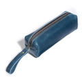 Navy blue crazy horse leather pen case with vintage zipper and contrast stitching - Blue